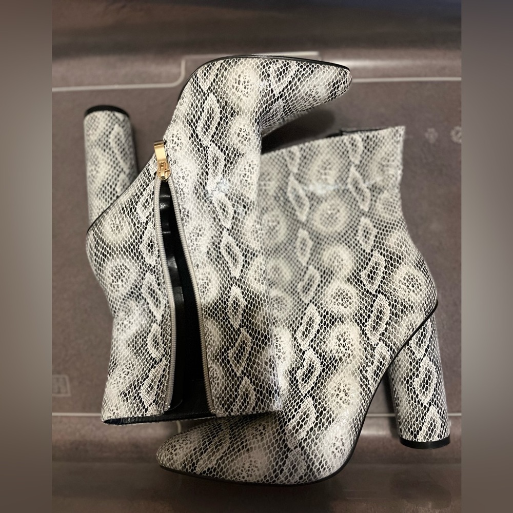 White Snakeskin Booties.